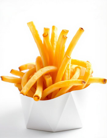 French fries in a white bowl on a white background, close-up