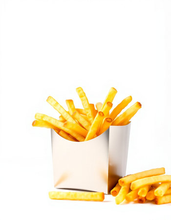 French fries in a paper box on a white background. Fast food.