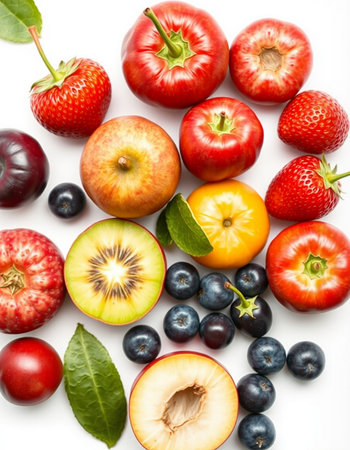 Fresh fruits and berries on a white background. Healthy food concept.