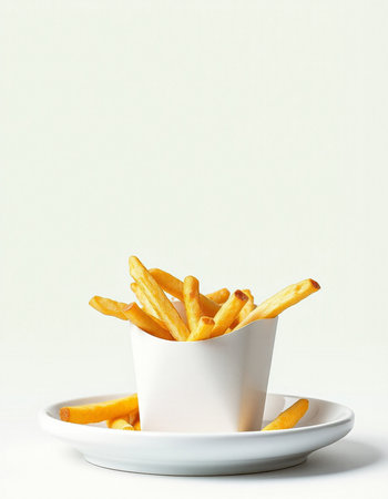 French fries in a white bowl on a white background. Selective focus.