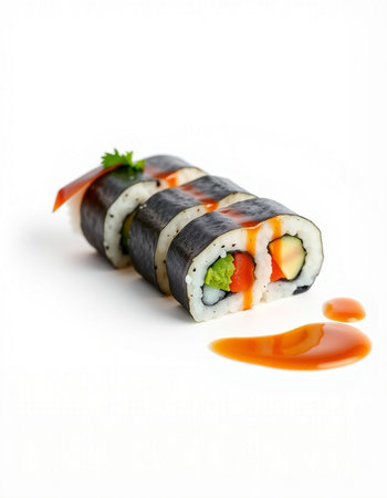 sushi roll on a white background with tomato sauce and parsleyの写真素材