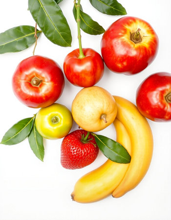 Fresh fruits on a white background. Top view. Flat lay.の写真素材