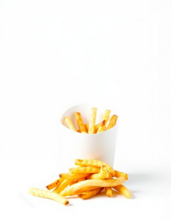 French fries in a white paper cup on a white background, isolate