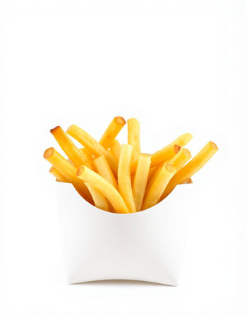 French fries in white box isolated on white background. Selective focus.