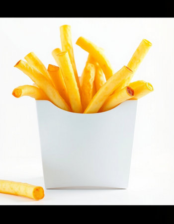 French fries in a paper box on a white background. Close up.