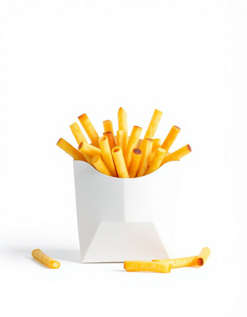 French fries in a white box on a white background. Isolated