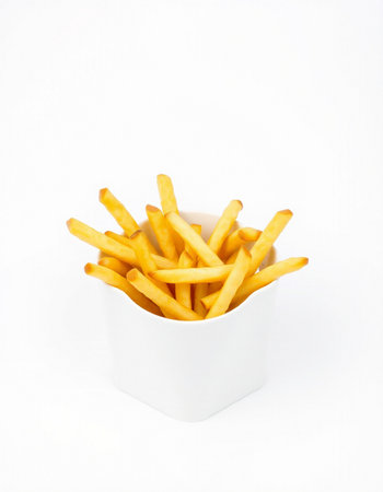 French fries in a white box on a white background. Isolated