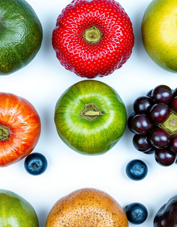 Colorful fruits on white background. Top view. Flat lay patternの写真素材