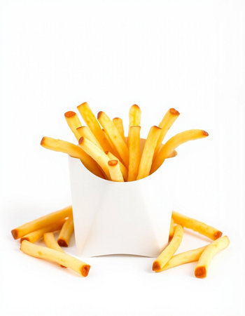 French fries in a white box on a white background. Selective focus.