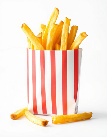 French fries in a paper box on a white background. Fast food.