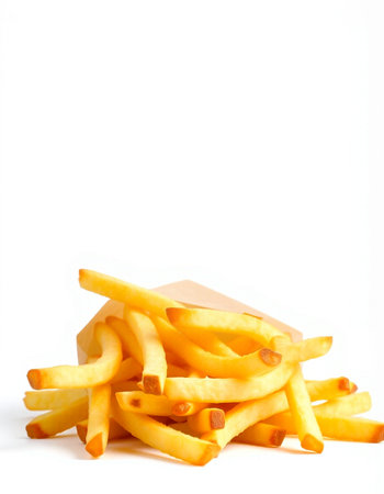 Golden French fries in paper bag isolated on white background. Selective focus.
