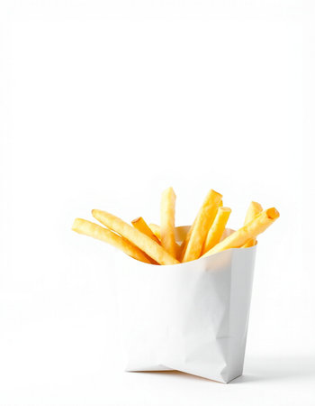 French fries in paper box isolated on white background. Copy space.