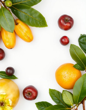 Fruits and leaves on white background. Flat lay, top view.