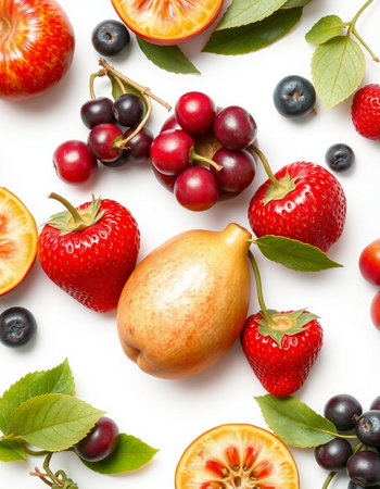 Fruits and berries on white background. Flat lay, top viewの写真素材