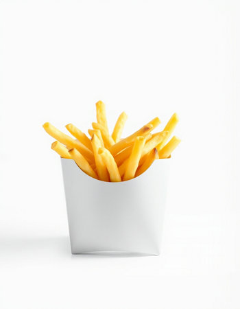 French fries in a white paper box isolated on a white background.