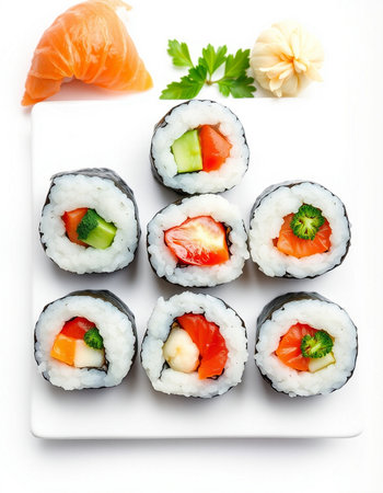 Sushi rolls with salmon, avocado and cucumber on white backgroundの写真素材