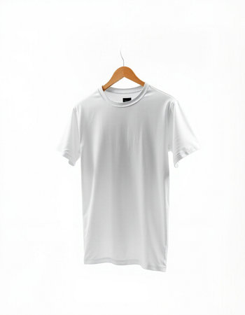 White t-shirt on wooden hanger isolated on white background.