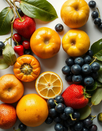 Fruits and berries on a white background. Top view, flat lay