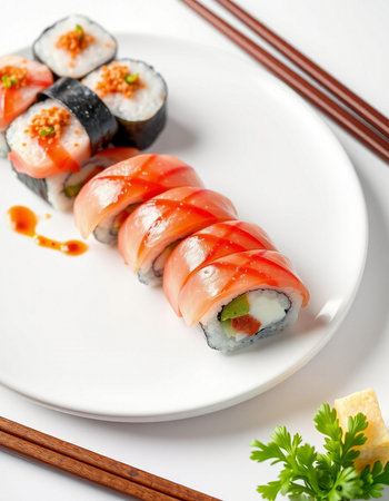 Sushi roll with salmon, avocado, cream cheese and cucumberの写真素材