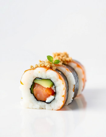 Sushi roll with salmon, cucumber and cream cheese on white backgroundの写真素材