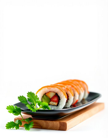 Sushi roll with salmon and vegetables on a black plate isolated on white backgroundの写真素材
