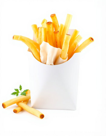 French fries in paper box isolated on white background. Selective focus.