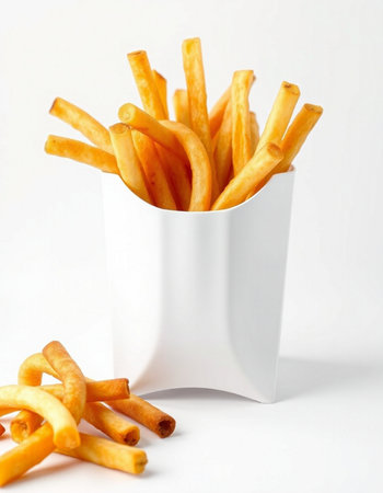 French fries in a white box on a white background. Selective focus.