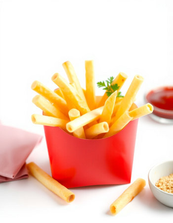 French fries in a red box with ketchup on a white backgroundの写真素材
