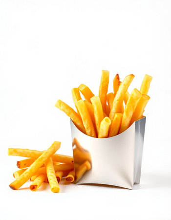 French fries in paper box isolated on white background. Selective focus.