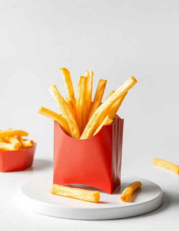 French fries in a red box on a white background. Fast food.