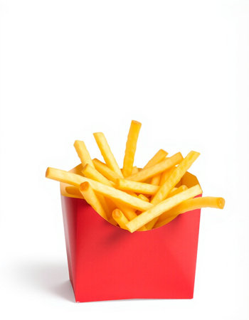 French fries in a red box isolated on white background. Fast food.