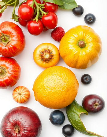 Fresh fruits and vegetables isolated on white background. Top view. Flat lay.