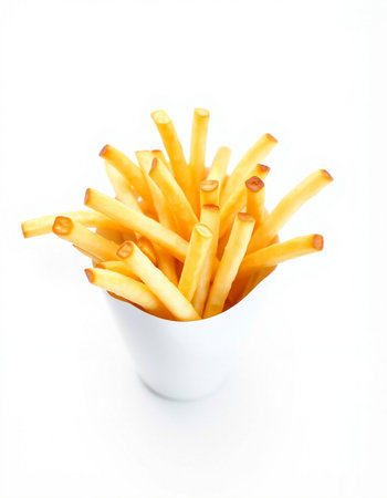 French fries in white cup isolated on white background. Selective focus.