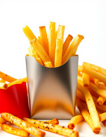 French fries in a metal box on a white background. Selective focus