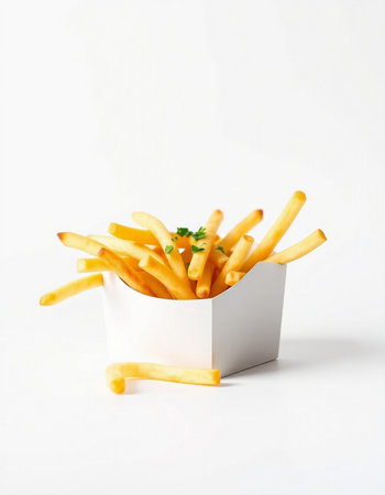 French fries in a white box on a white background, fast foodの写真素材