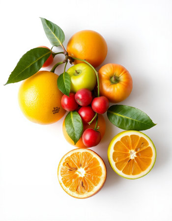 Fruits and vegetables isolated on white background. Orange, apple, tomato, lemon, grapefruitsの写真素材