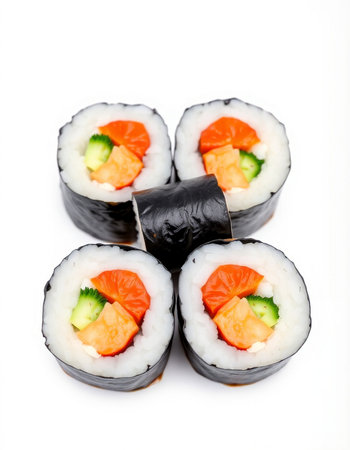 Sushi roll with salmon, cucumber and cream cheese isolated on white backgroundの写真素材