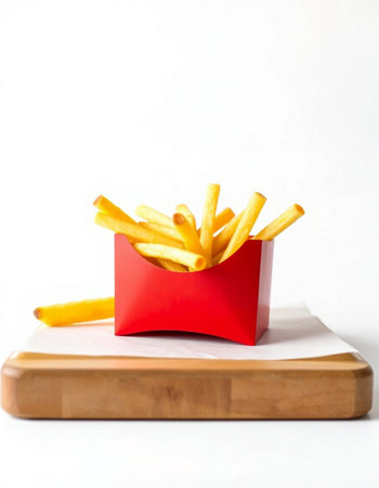 French fries in a red box on a wooden board on a white backgroundの写真素材