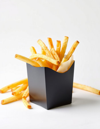 French fries in a black box on a white background. Selective focus.の写真素材
