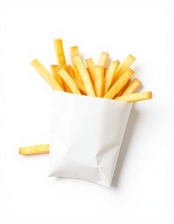 French fries in white paper bag isolated on white background. Top view.