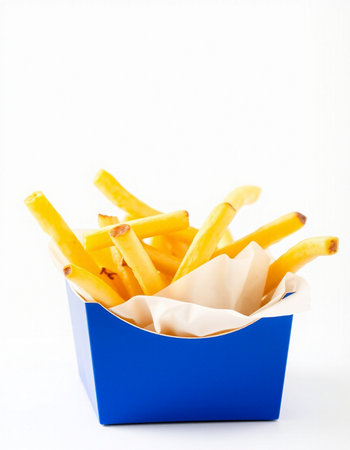 French fries in a blue box on a white background. Selective focus.の写真素材