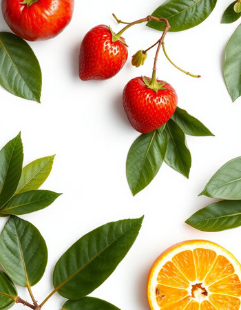 Strawberry, orange and leaves on white background. Flat lay, top view