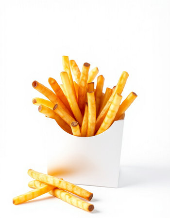 French fries in a white box on a white background. Isolated