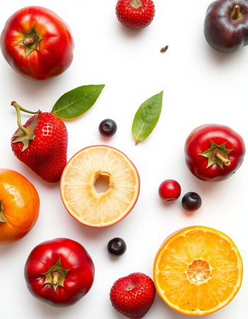 Fruits and berries on white background. Flat lay, top view