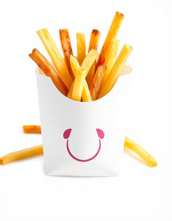 French fries in paper box with smiley face on white background.の写真素材