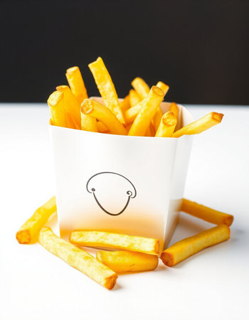 French fries in a white paper box on a white table with black backgroundの写真素材