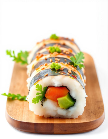 Sushi rolls on a wooden board. Isolated on a white background.