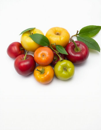 Colorful fruits isolated on white background. Apple, plum, tomatoの写真素材