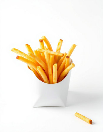 French fries in a white paper cup on a white background, isolate