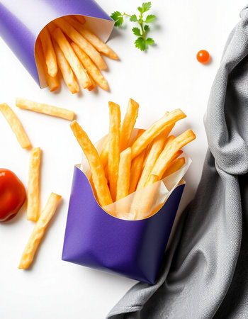 French fries in a paper box on a white background, top view